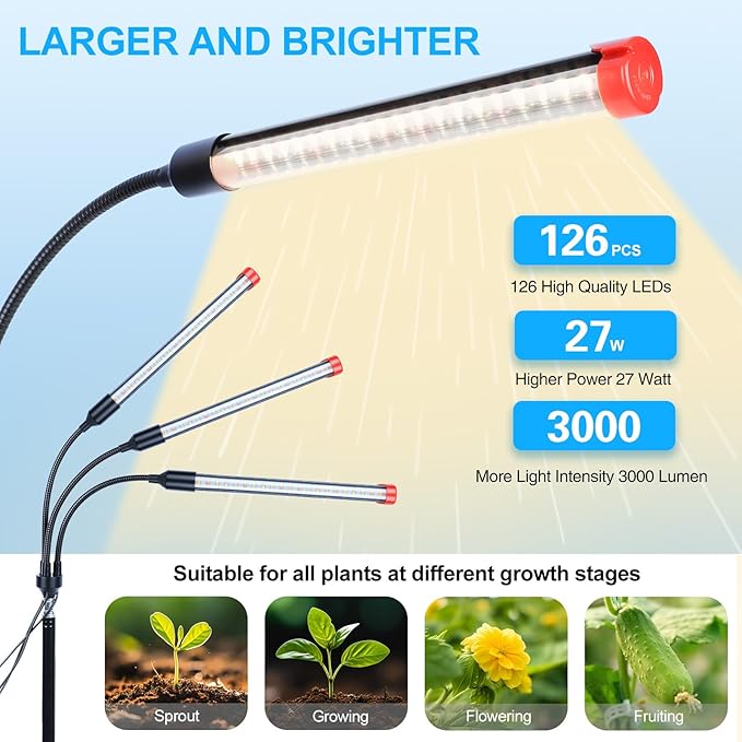 Orchbloom 3-Head Grow Light with Stand and Timer, 27 Watt Power Home Plug LED Grow Lights for Indoor Plants for Tall Houseplants, Bonsai Tree, Seed Starting, 24"-64" Adjustable Height