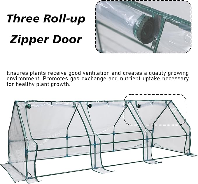 Aoodor 9 x 3 x 3 ft Mini Greenhouse with 3 Zipper Doors, Water-Resistant, UV-Protected for Flowers, Vegetables, and Herbs, Transparent