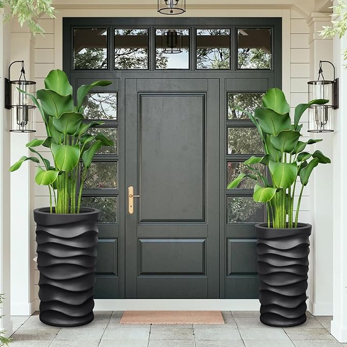 BEYOUDO Tall Planter Outdoor Indoor, 2 Pack Extra Large Plant Pots 20" 18" H Tall Large Tree Planter-Modern Matte Wavy Flower Pot for Indoor Outdoor Proch Decor (Black)