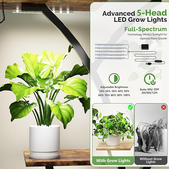 VINGLI 61" Tall Plant Stand with Grow Light, 10-Tier Indoor Plant Shelf with LED Light Strips, Tree-Shaped Metal Rack for Indoor Growing, Black