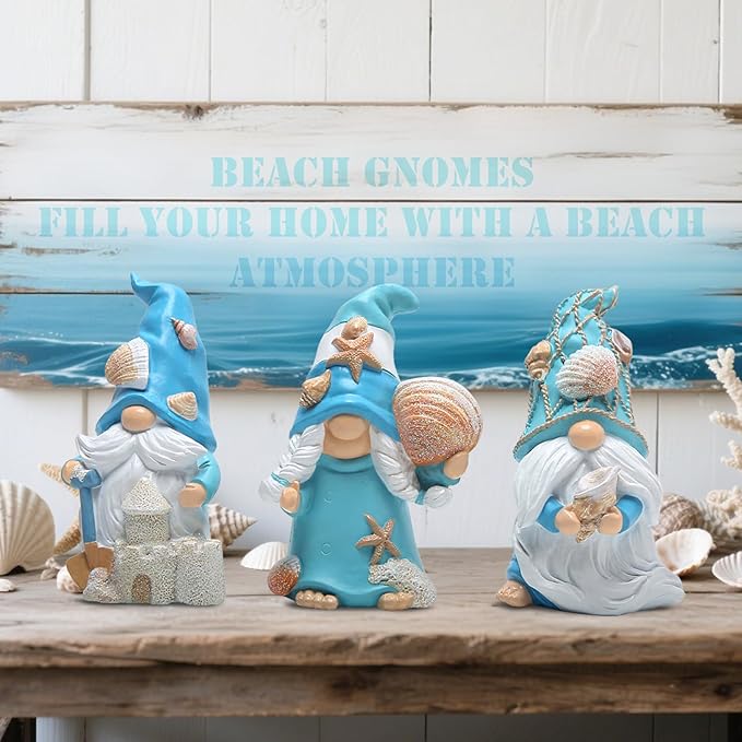 Hodao 3PCS Summer Gnomes Decoration Handmade Star Shell Gnomes Figurines for Home, Beach House Decor, Nisse Scandinavian, Summer Elves Decor for Table, Shelf, Living Room