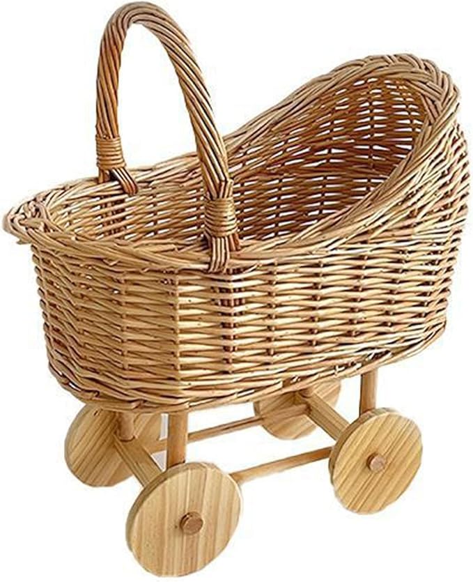 Handmade Wicker Flower Basket Woven Rattan Pushcart Planter Small Stroller Design Fruit Gift Box with Handle for Wedding Baby Shower Centerpiece Candy Storage Home Decor (M)