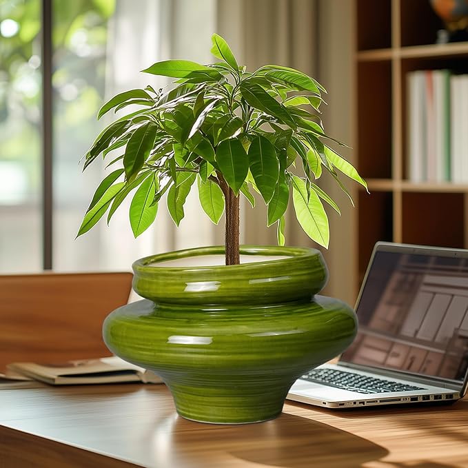 Teagas Ceramic Planters for Indoor Plants 11 Inch - Bonsai Plant Pots Outdoor, Large Planters for Indoor Plants, Green Planter with Drainage Hole, Flower Pot for Garden Decor, Gift for Women Men