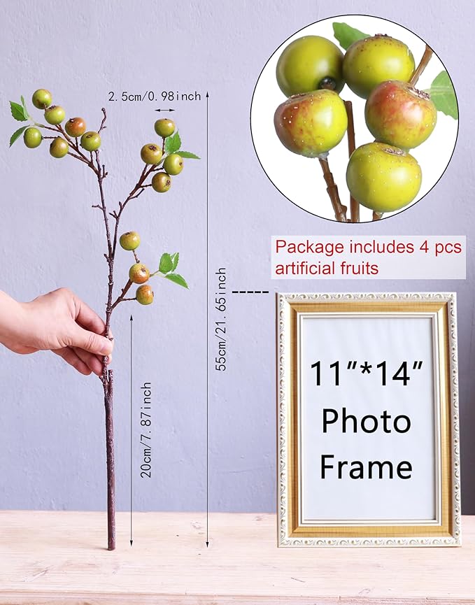Forlaoers Realistic 4Pcs 21.6 Inch Green Faux Berries Artificial Flowers Artificial Fruits Fake Berry for Christmas House Decor Dining Vase Fillers Table Centerpieces Decoration Indoor