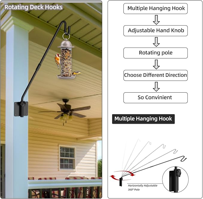 Monalife Deck Hook Wall Mounted,Extended Plant Hanger Outdoor,Bird Feeder Hanger-Metal Fence Shepherds Hooks Bracket for Hanging Hummingbird Feeder,Planter,Flower Baskets,Lantern-360°Rotating Pole