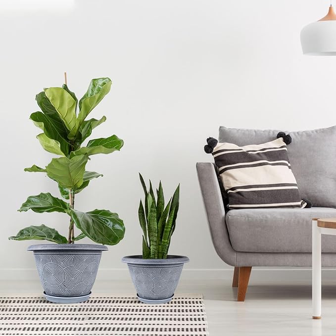 Fodetyff 10 Inch Flower Pots Planters for Indoor Outdoor Plants, 3 Pack Plastic Large Plant Pots with Drainage Hole & Tray, Modern Decorative Garden Pot with Saucer, Plant Container for House