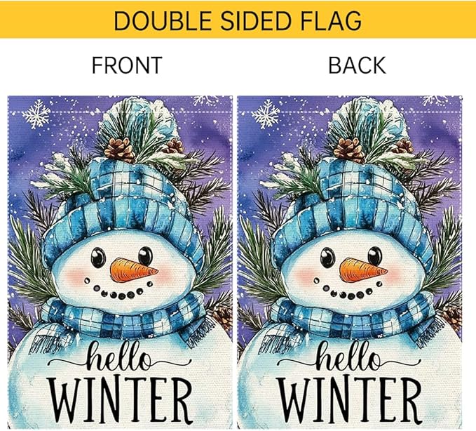 Hello Winter Snowman Garden Flag 12x18 Inch Double Sided Burlap Holiday Yard Decoration with Blue Knit Hat and Scarf Pinecone Snowflakes Outdoor Welcome Banner