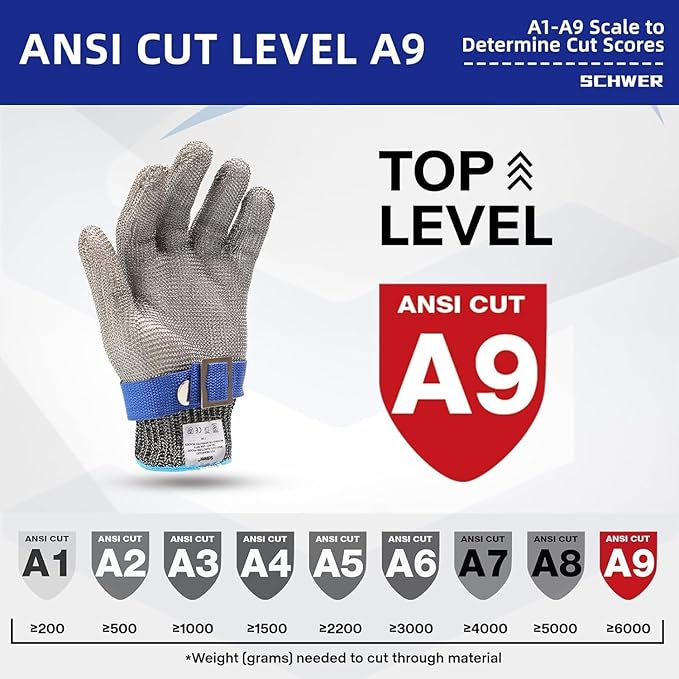 Schwer 10 Pcs SlicePro ANSI A9 Cut Resistant Glove PR1706, Stainless Steel Mesh Metal Glove, Food Grade for Kitchen Cooking, Butcher Meat Cutting, Oyster Shucking, Mandoline, Non-PFAS, S