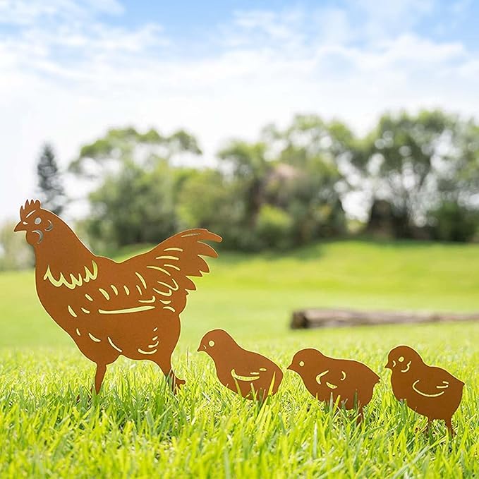 TT & MM Christmas Chicken Gifts for Women/Men,Chicken Metal Decorative 4 Pcs Garden Stakes,Hen/Chicks Silhouette Statues for Yard Art,Backyard,Patio,Lawn Ornaments,Outdoor Decor