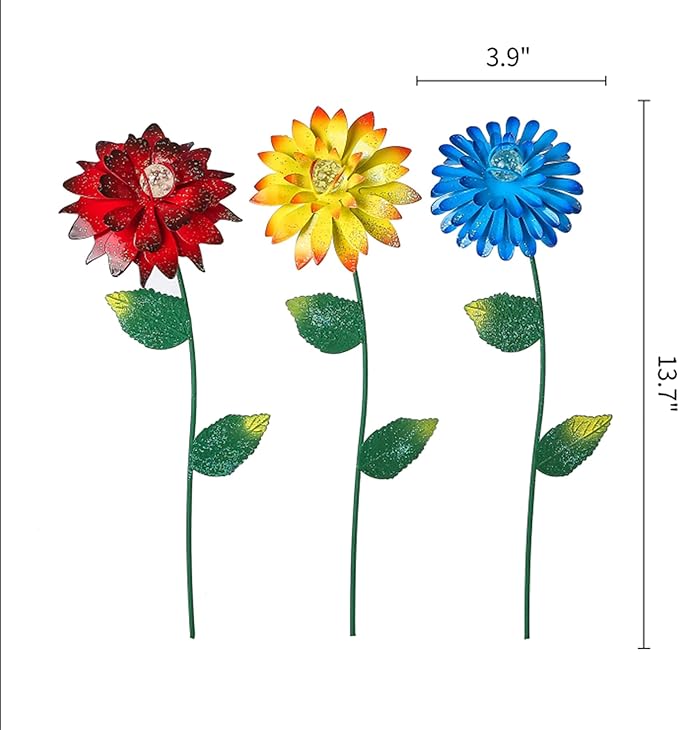 Voltogar 3 Pack Flowers Garden Stake Decoration Glow in Dark for Outdoor, Water-Proof Metal Flowers Ornament for Lawn Pathway Patio Plant Pot, Flower Bed Decor Red, Yellow & Blue, 16" H