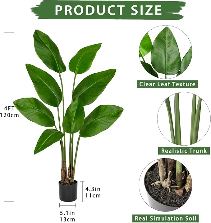 Hollyone Large Bird of Paradise Artificial Plant in Pot 4FT Tall Fake Bird of Paradise Plant Faux Tropical Palm Tree Faux Plantain Banana Leaf for Indoor Outdoor Home Office Garden Decoration 8 Leaves