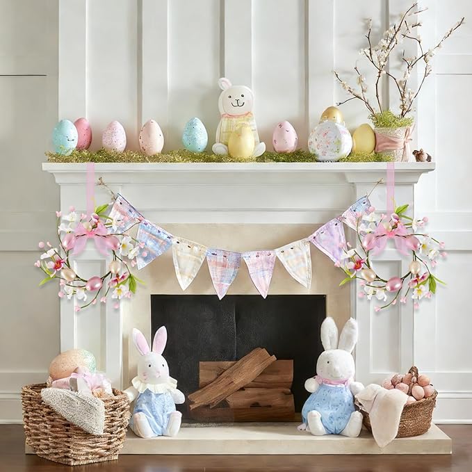 6 PCS Small Easter Wreaths for Kitchen Cabinet Mini Artificial Easter Egg Flower Wreath for Front Door Spring Summer Hanging Wreath with Pink Ribbon Berry for Home Porch Wall Window Farmhouse Decor