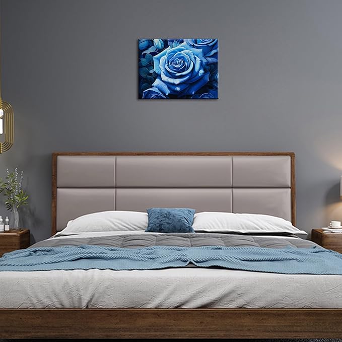 FUNHUA Blue Rose Wall Art - Blue & Black Framed Artwork for Bedroom, Kitchen, Bathroom & Wedding Decor - 12x16inches