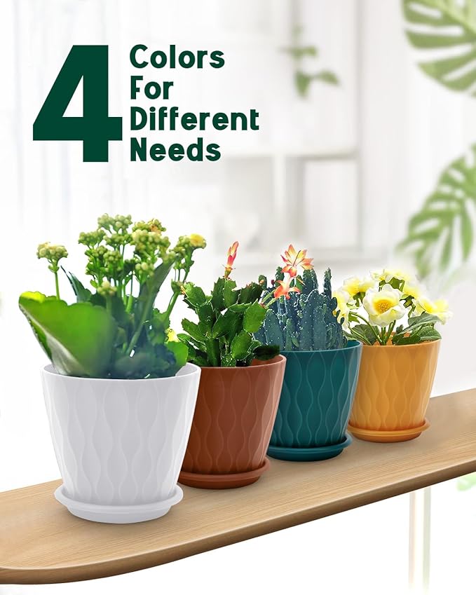 6 Inch Indoor Planter Pots with Drainage Hole and Tray Saucer,Flower Pots for Indoor Outdoor Garden Plants and Flowers, Multicolor, 4 Packs