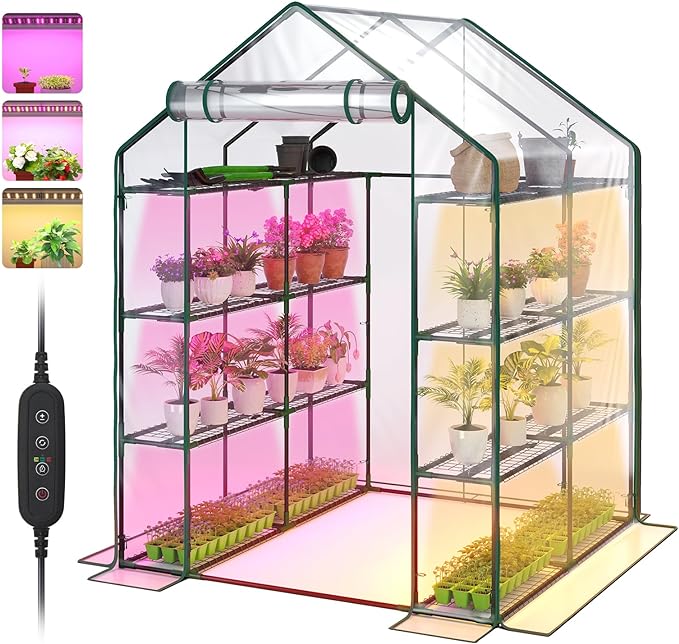 Bstrip Walk In Greenhouse, Indoor Greenhouse with Grow Lights, Mini Indoor Greenhouse with Roll-Up Zipper Entry Door and PVC Cover, Dimmable 2FT 120W Plant Light with Timer (56.3"W X 56.3"L X 76.8"H )
