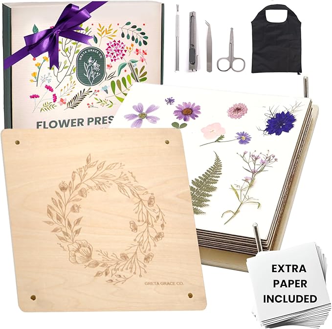Extra Large Flower Press Kit | 11"x11" 10 Layers Wooden Pressing Boards, Tools & Bag | Crafting Kits for Adults & Kids | DIY Pressed Flower Plant Preservation Kit | Bouquet Preservation | Great Gift