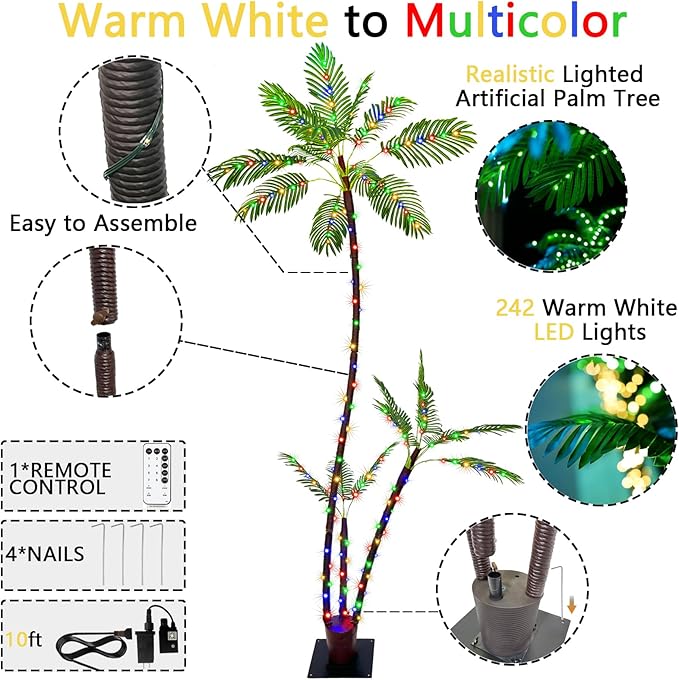 SOSHOT 7FT Lighted Artificial Palm Tree with Three Trunks and 242 LED Lights with Remote Control and App Waterproof for Tiki Bars, Patios,Beaches,Yards Pool, Cruise Party-Warm White to Multicolor