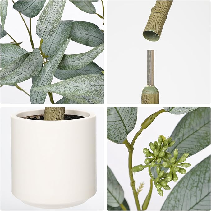 Artificial Eucalyptus Tree in White Pot – 5FT Faux Indoor Plant for Home Décor, Modern Greenery for Living Room, Bedroom, Office – Realistic Silk Leaves, Minimalist Planter