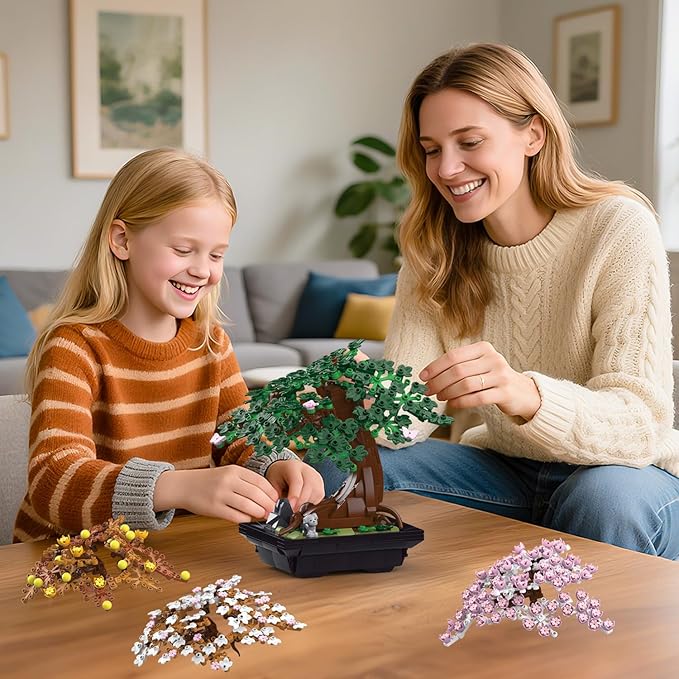 WINGIFT 900Pcs Four Seasons Bonsai Tree Building Set,4In1 Flowers Cherry Blossom Bonsai Building Kit,Botanical Collection DIY Plants for Home Office Decor,Christmas Birthday Gift for Adults Kids Girls