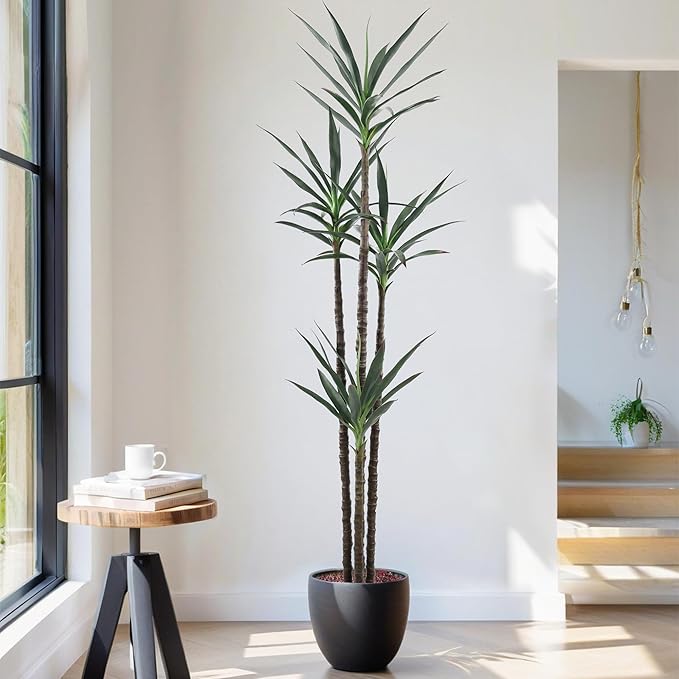Artificial Tree 7ft Faux Agave Plant with 60 Leaves and 4 Realistic Trunks,Fake Floor Potted Artificial Tall Plants for Home Office Garden Decor Indoor (7Feet,1Pack)