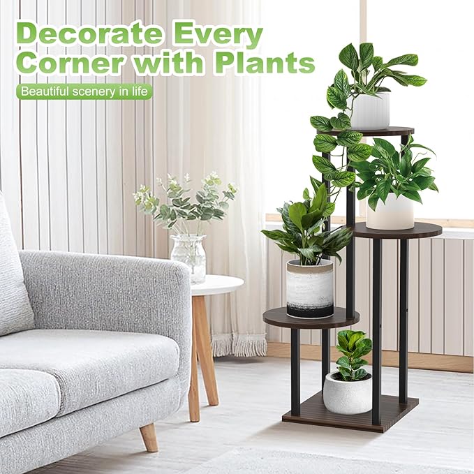 YOCOMEY Plant Stand Indoor, 4 Tier Thickened Metal Corner Plant Shelf for Multiple Plants, Indoor Plants Tiered Flower Pot Stand for Patio Garden Balcony Living Room Bedroom(Black Oak)