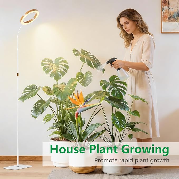 LPMZMBL One Head Grow Light for Indoor Plants Full Spectrum - Floor Standing Plant Lamp with Auto Timer 6/12/18H, 5-Level Dimmable & Adjustable Height 16.5-68in for Large Tall Plants |Faux Wood Design