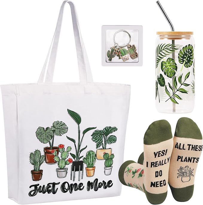 TAOVEEK 4 PCS Plants Lovers Gifts for Women, Plant Lady Mom Gardening Gifts for Birthday Christmas, 16oz Glass Cup Canva Tota Bag Plant Keychain Socks Gift Box