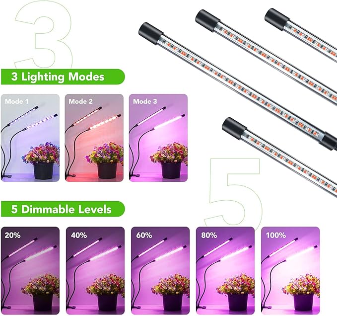 GROWSTAR Plant Lights for Indoor Growing, Red Blue Spectrum 4 Heads Clip Grow Lamps with 10 Feet Cables for Seeding Blooming and Fruiting(2 Pack)
