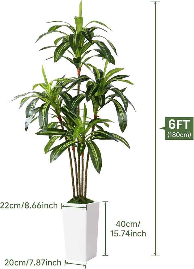 Alupssuc Artificial Dracaena Fake Tree 6FT, White High Pot Artificial Plants Indoor&Outdoor, Fake Plants for Office/Home/Living Room Potted Decoration, 6ft