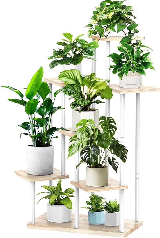 YOCOMEY 7 Tier Wood Tall Plant Stand Metal Rack Indoor, Multiple Flower Pot Holder Shelves Corner Rack, Planter Shelf Display Rack Storage Organizer for Patio Living Room Balcony Garden(White Oak)