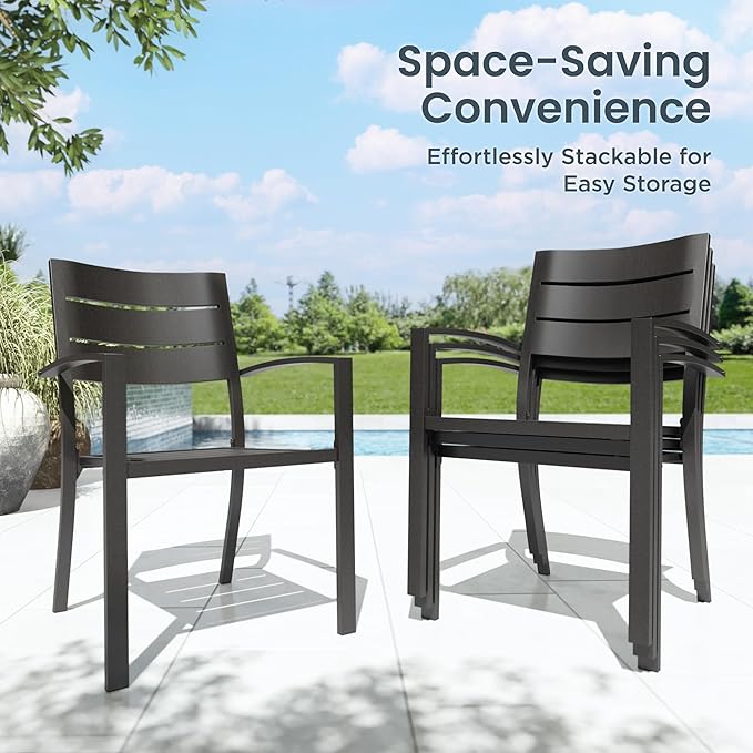 PHI VILLA 9 Pieces Outdoor Patio Dining Set for 8, 60”Square Brown Metal Steel Table with Umbrella Hole & Stackable Black Iron Chairs, Large Outside Furniture Set for Deck, Yard, Porch