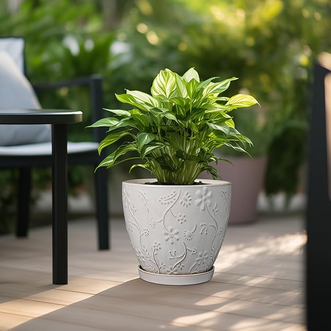 MPotTo 10 Inch Plant Pot Ceramic Planter Pot with Drainage Hole and Saucer Round Planter Large Flower Pot for Indoor Outdoor Plants Home Garden Decor White