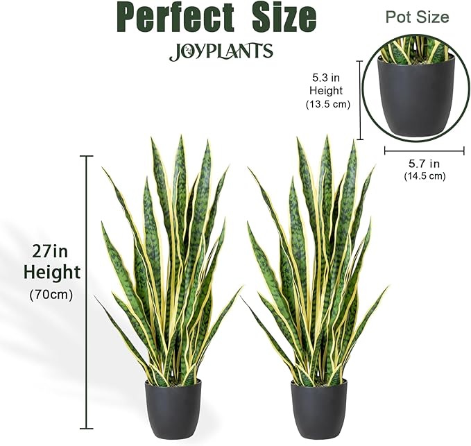 Fake Snake Plant, 27" Fake Potted Plants with Black Pot Realistic Artificial for Home Decor, Low Maintenance No Watering Needed Faux Plants for Desk Corner Office & Pet Areas (2PCS)