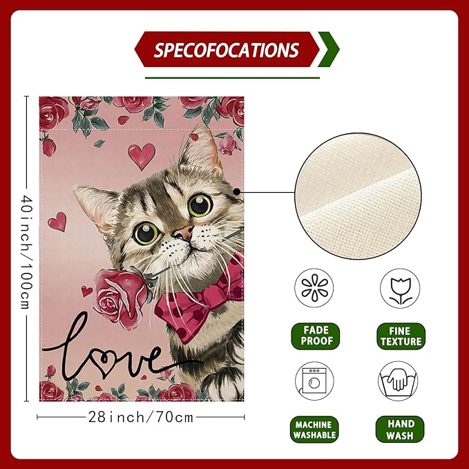 Valentine’s Day Romantic Roses Love Hearts Cat House Flag Big Large Burlap 28X40 Inch Vertical Double Sided Outside Yard Holiday Outdoor Farmhouse Decoration