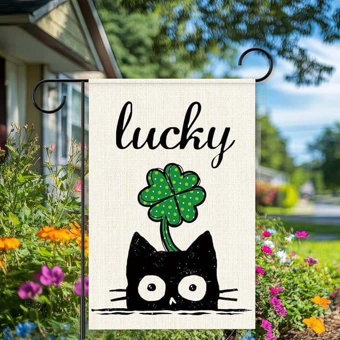 St Patricks Day Garden Flag 12x18 Inch Double Sided,Lucky Shamrocks Cat Outdoor Irish Decor House Porch Flag for St Patrick's Day Party and Yard Decorations