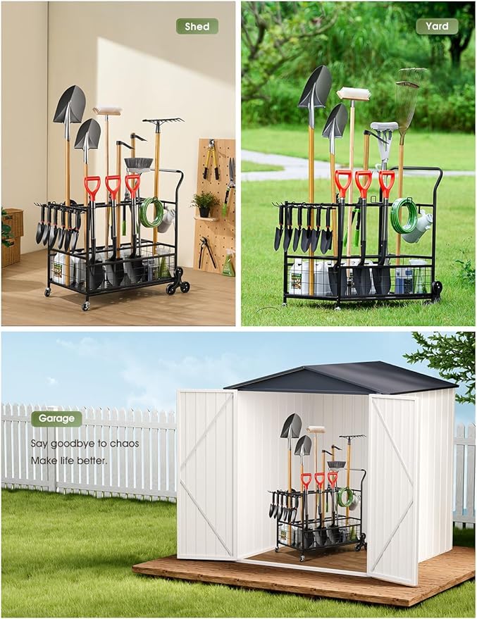 Heavy-Duty Garden Tool Organizer for Garage with 2 Stair-Climbing Wheels, Lawn & Yard Tool Storage Rack, Garage Tool Cart with Lockable Wheels, Outdoor Garden Tool Storage for Sheds