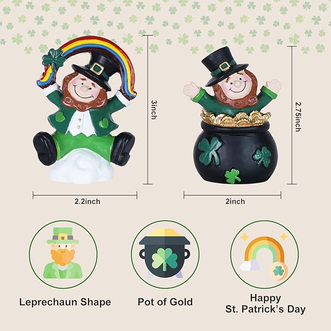 MEETYAMOR St Patricks Day Decorations, 2 PCS Irish Leprechaun Figurine for St Patricks Day Decor, Shamrock Rainbow Pot of Gold Figurines Standing for Home Table Mantel, St Patrick's Day Decorations