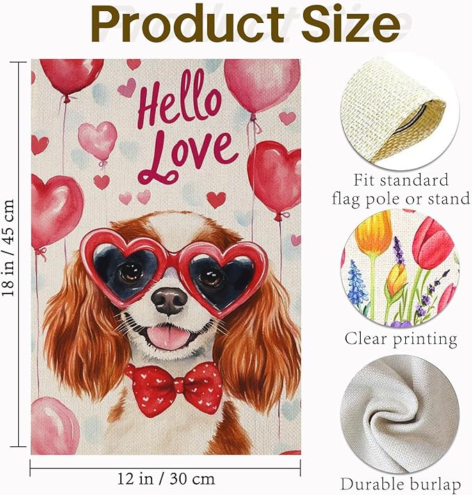 Valentine's Day Cavalier-King-Charles Spaniel Hello Love Garden Flag, House Yard Plaid Love Heart Outside Decoration, Spring Holiday Wedding Anniversary Outdoor Small Decor 12x18(12638)