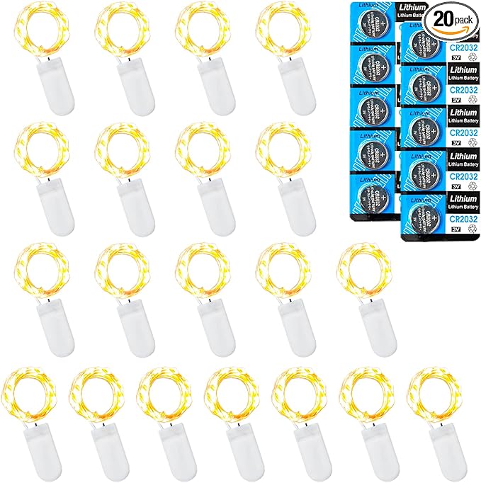 20 Pack Fairy Lights Battery Operated String Lights, 10 LED on 3.3ft Silvery Copper Wire，for Flowers Gift Box Wedding Party Christmas Decoration (Warm White, 20 Pack)