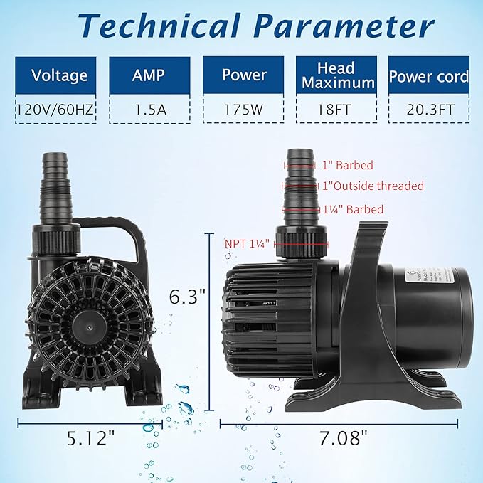 WaterRebirth (3200GPH-175W,UL listed) High Flow Large Fountain Submersible Water Pond Sump Pump Aquarium Electric Waterfall Pump Outdoor PS-3200