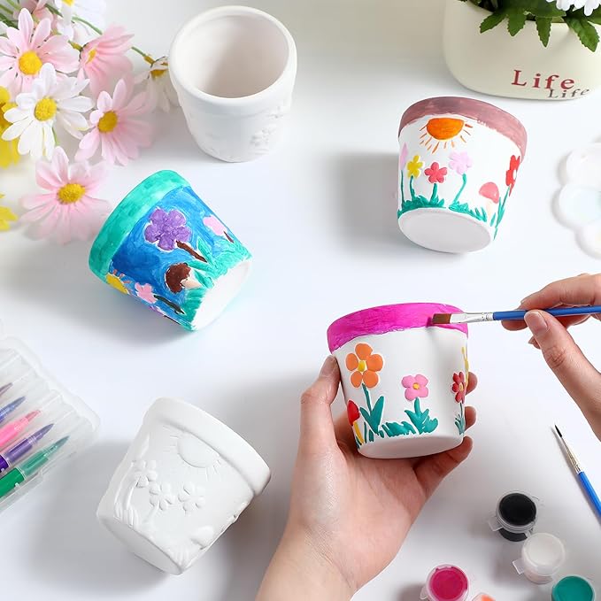 Pasimy 6 Set Ceramics to Paint DIY Ceramic Succulent Planter Pots Paint Your Own Flower Pots Craft Kit Unpainted Bisque Flowerpot with Brush Palette for Family Activity Holiday Gifts(Classic)