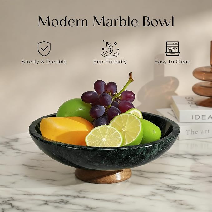 SAMAH Green Marble Fruit Bowl with Acacia Wood Pedestal, Large Decorative Footed Bowl, Natural Stone Centerpiece for Kitchen Counter, Entryway, Keys, Dining Table, House Warming Gifts New Home(11Inch)