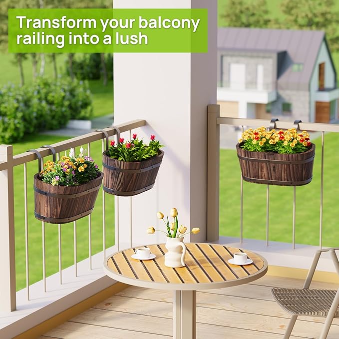 Wooden Hanging Planter for Railing Fence Outdoor Planter Railing Planter Boxes for Plants Wall Planters Window Flower Box Hanging Bucket Pots Countryside Plant Holder (Carbonized,2pcs,Large)