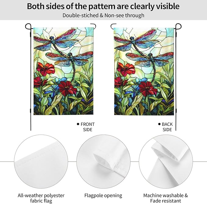 Glass Style Dragonfly Garden Flag 12x18 Inch Double Sided All-Weather Polyester Outdoor Flag For Patio Lawn Yard And Garden Welcome Decor