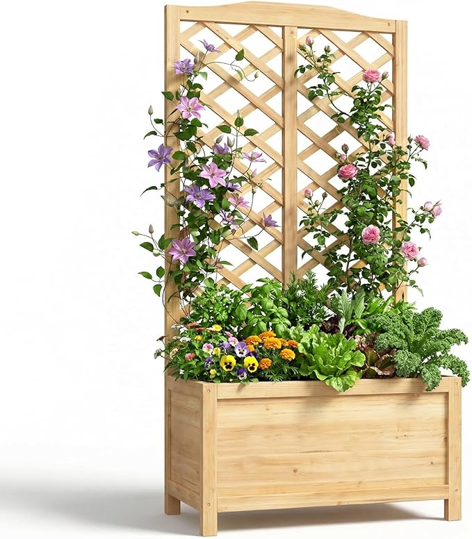Wooden Raised Garden Bed with Trellis, Freestanding Planter Box with Drainage for Vines Climbing Plants Flowers Herbs, Elevated Gardening Planter for Backyard Balcony Patio