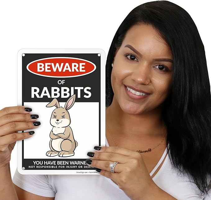 SmartSign Funny Beware Of Rabbits Warning Sign - 10"x7", 40 mil Laminated Rust-free Aluminum - Metal Signs for Farms, Outdoors, Patio, Gifts, Cafe - Rabbits Theme, Made in USA