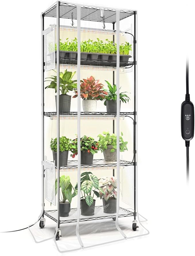 Bstrip Indoor Greenhouse with Grow Light, Mini Greenhouse with 4 Pack 24W Full Spectrum Plant Lights & Timer, Plant Shelf with Grow Tent for Indoor Plant, Seed Starting, Seed Tray, 23.5"x13.8"x 59"