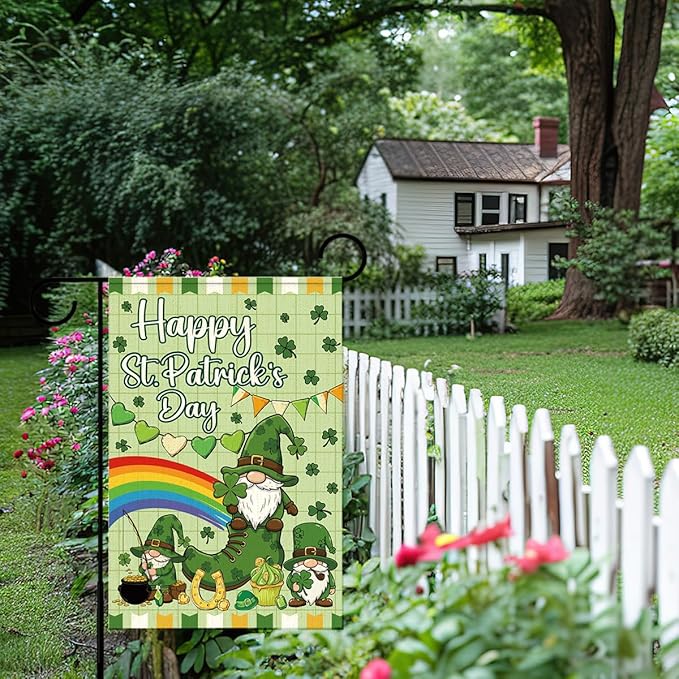 Happy St Patricks Day Garden Flag 12x18 Inch Double Sided,Gnome Lucky Shamrocks Outdoor Irish Decor House Porch Flag for St Patrick's Day Party and Yard Decorations