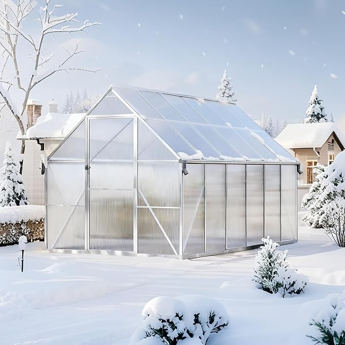 8x12 FT Outdoor Greenhouse, Heavy-Duty Polycarbonate Greenhouses Kit with Reinforced Aluminum Frame, Adjustable Roof Vent & Quick-Connect System for All Seasons & Winter Use