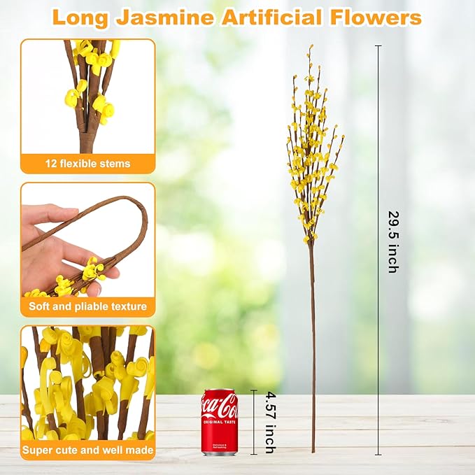 5 Pcs 29.5" Long Jasmine Artificial Yellow Flowers Fake Jasmine Flowers Bouquet Fall Stems for Vases Home Office DIY Floral Art Wedding Party Dried Fall Branches